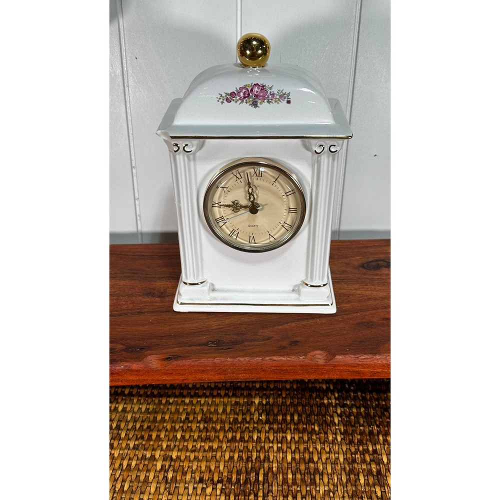 Vintage Ceramic Mantel Clock White Porcelain Floral Gold Trim Quartz Table Clock